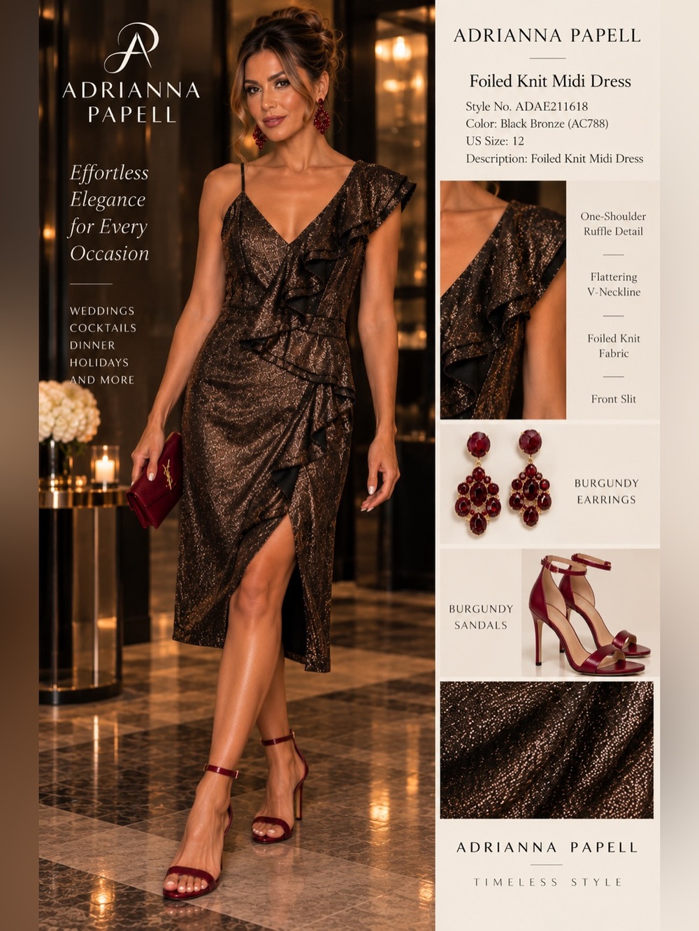 Adrianna Papell Bronze One-Shoulder Ruffle Evening Dress. NWT size 12